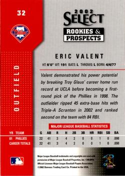 2002 Select Rookies & Prospects #32 Eric Valent Back