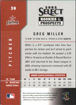 2002 Select Rookies & Prospects #38 Greg Miller Back