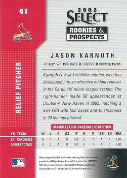 2002 Select Rookies & Prospects #41 Jason Karnuth Back