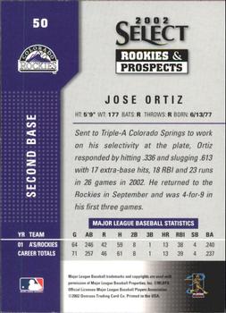 2002 Select Rookies & Prospects #50 Jose Ortiz Back