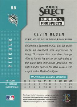2002 Select Rookies & Prospects #58 Kevin Olsen Back