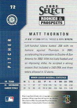 2002 Select Rookies & Prospects #72 Matt Thornton Back