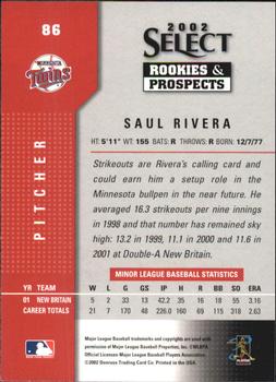 2002 Select Rookies & Prospects #86 Saul Rivera Back