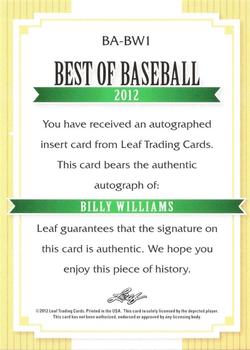 2012 Leaf Best of Baseball #BA-BW1 Billy Williams Back