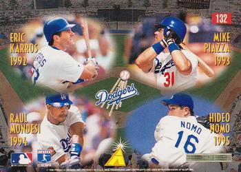 1996 Pinnacle #132 Dynamic Dodgers (Eric Karros / Mike Piazza / Raul Mondesi / Hideo Nomo) Back