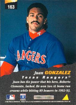 1996 Pinnacle #163 Juan Gonzalez Back
