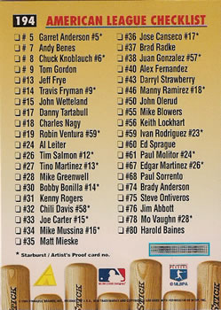 1996 Pinnacle #194 American League Checklist Back