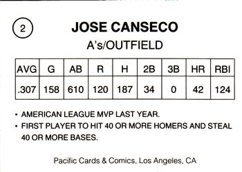 1989 Pacific Cards & Comics Orange Border (unlicensed) #2 Jose Canseco Back