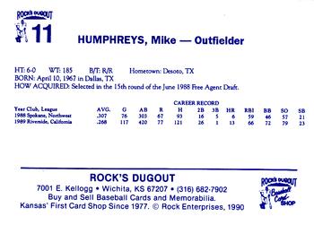 1990 Rock's Dugout Wichita Wranglers #11 Mike Humphreys Back