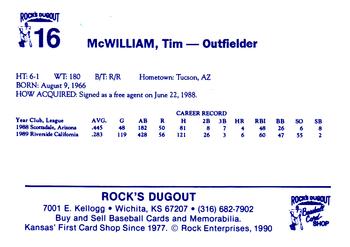 1990 Rock's Dugout Wichita Wranglers #16 Tim McWilliam Back