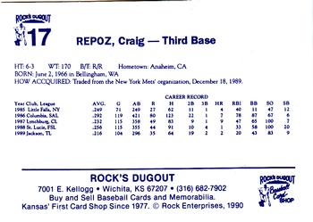1990 Rock's Dugout Wichita Wranglers #17 Craig Repoz Back