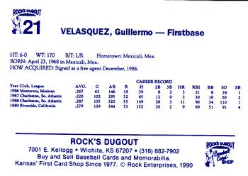 1990 Rock's Dugout Wichita Wranglers #21 Guillermo Velasquez Back