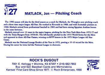 1990 Rock's Dugout Wichita Wranglers #27 Jon Matlack Back