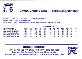 1990 Rock's Dugout Wichita Wranglers #6 Gregory David Back