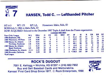 1990 Rock's Dugout Wichita Wranglers #7 Todd Hansen Back