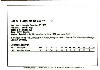 1990 Chong Modesto A's #13 Brett Hendley Back