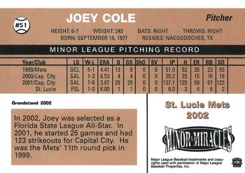 2002 Grandstand St. Lucie Mets #9 Joey Cole Back
