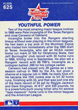 1987 Fleer - Glossy #625 Youthful Power (Pete Incaviglia / Jose Canseco) Back