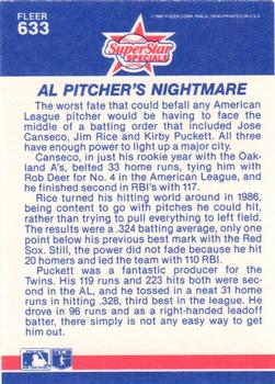 1987 Fleer - Glossy #633 A.L. Pitcher's Nightmare (Jose Canseco / Jim Rice / Kirby Puckett) Back