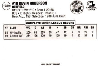 1990 SportsPrint Winston-Salem Spirits #10 Kevin Roberson Back