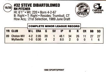 1990 SportsPrint Winston-Salem Spirits #16 Steve DiBartolomeo Back