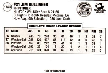 1990 SportsPrint Winston-Salem Spirits #17 Jim Bullinger Back