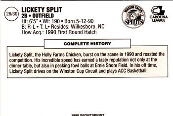 1990 SportsPrint Winston-Salem Spirits #26 Lickety Split Back