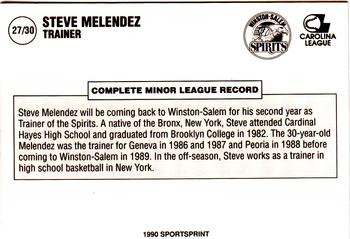 1990 SportsPrint Winston-Salem Spirits #27 Steve Melendez Back