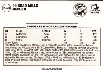 1990 SportsPrint Winston-Salem Spirits #29 Brad Mills Back