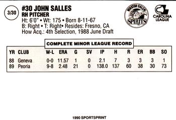 1990 SportsPrint Winston-Salem Spirits #3 John Salles Back