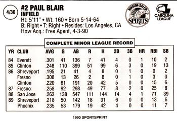 1990 SportsPrint Winston-Salem Spirits #4 Paul Blair Back