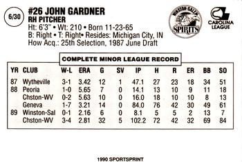 1990 SportsPrint Winston-Salem Spirits #6 John Gardner Back