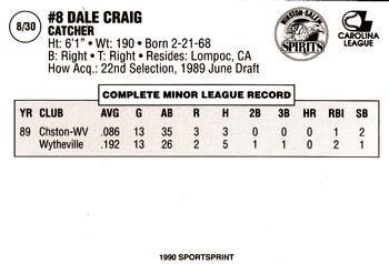1990 SportsPrint Winston-Salem Spirits #8 Dale Craig Back