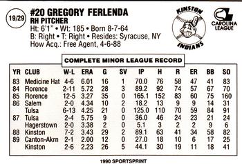 1990 Kinston Indians #19 Greg Ferlenda Back