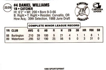 1990 Kinston Indians #22 Dan Williams Back
