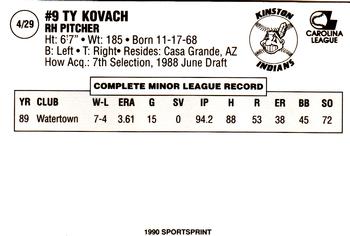 1990 Kinston Indians #4 Ty Kovach Back