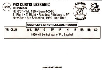 1990 Kinston Indians #5 Curtis Leskanic Back