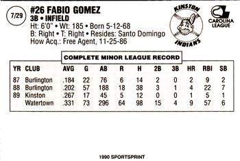 1990 Kinston Indians #7 Fabio Gomez Back
