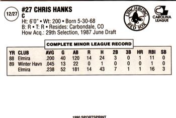 1990 SportsPrint Lynchburg Red Sox #12 Chris Hanks Back