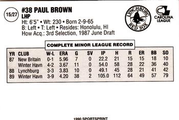 1990 SportsPrint Lynchburg Red Sox #15 Paul Brown Back