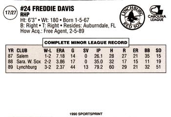 1990 SportsPrint Lynchburg Red Sox #17 Freddie Davis Back