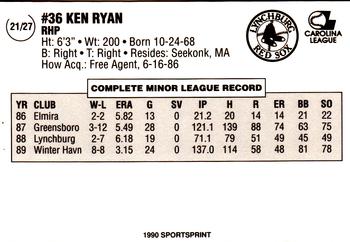1990 SportsPrint Lynchburg Red Sox #21 Ken Ryan Back