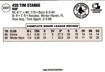 1990 SportsPrint Lynchburg Red Sox #23 Tim Stange Back