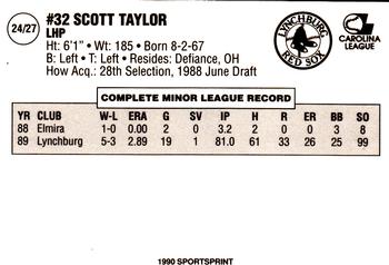 1990 SportsPrint Lynchburg Red Sox #24 Scott Taylor Back