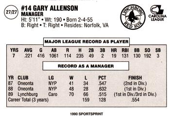 1990 SportsPrint Lynchburg Red Sox #27 Gary Allenson Back