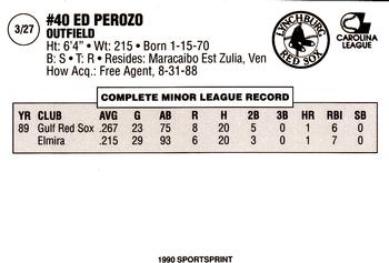 1990 SportsPrint Lynchburg Red Sox #3 Ed Perozo Back