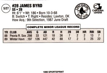 1990 SportsPrint Lynchburg Red Sox #5 James Byrd Back