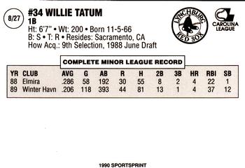 1990 SportsPrint Lynchburg Red Sox #8 Willie Tatum Back