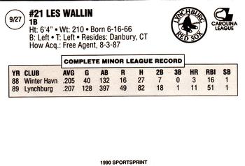 1990 SportsPrint Lynchburg Red Sox #9 Les Wallin Back