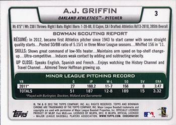 2012 Bowman Draft Picks & Prospects - Chrome #3 A.J. Griffin Back